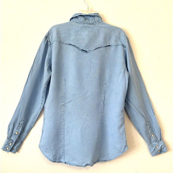 Panhandle Slim‎ Western Pearl Snap Blue Chambray Acid Wash Rodeo Girl Medium - Picture 2 of 7